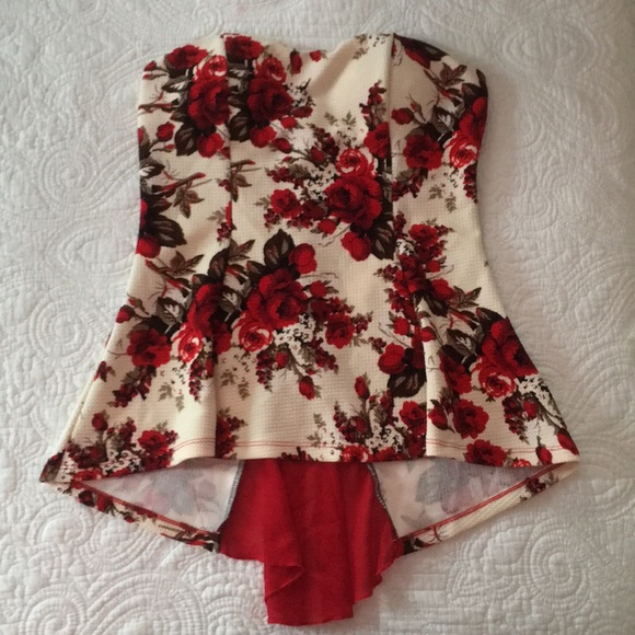 Beige W/ Red Roses Strapless Top - Picture 1 of 5